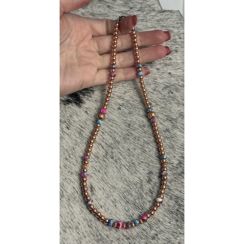 Copper Navajo Pearl Cotton Candy Dahlia Turquoise Pink Blue Necklace 18”